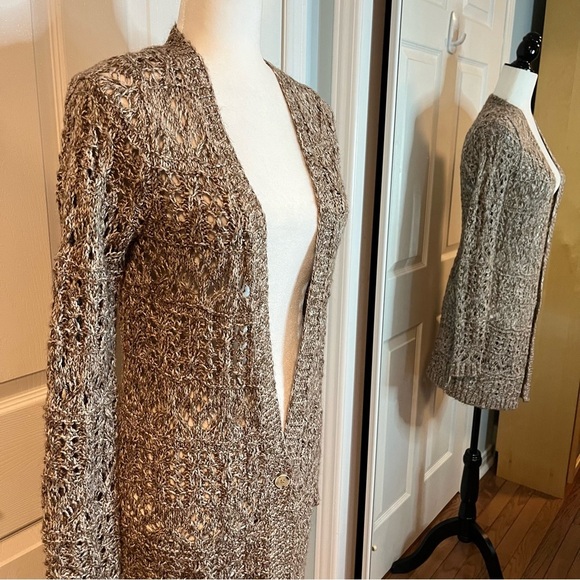 Lucky Brand Women’s Cardigan Sweater Loose Crochet Open Knit Duster XS Tan Brown - Picture 4 of 9